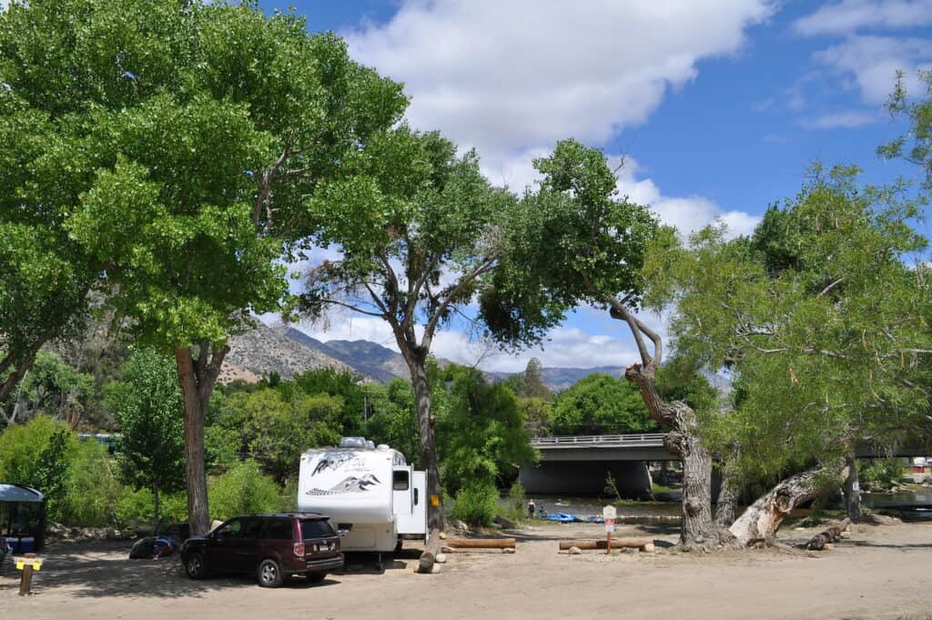 California RV park nestled among lush trees.