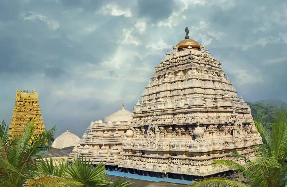 The hindu temple in Andhra Pradesh is surrounded by palm trees.