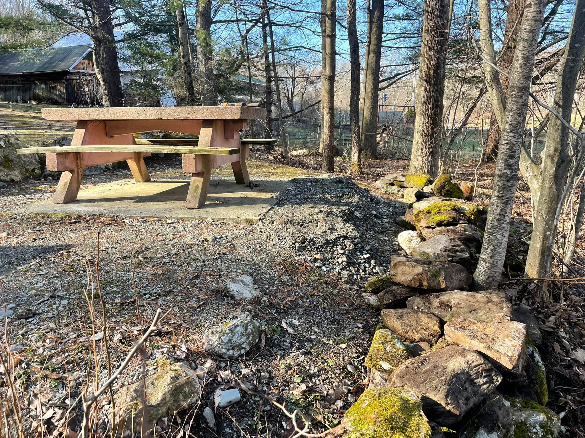 A private picnic table nestled in a campground.