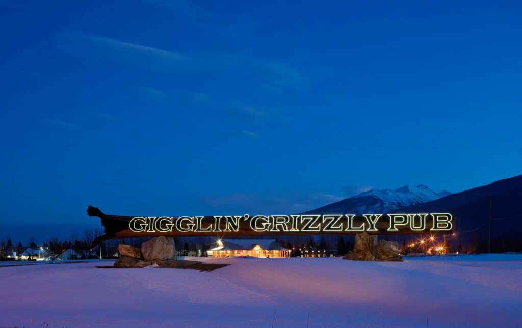 The sign for the McBride Pub is lit up at night.