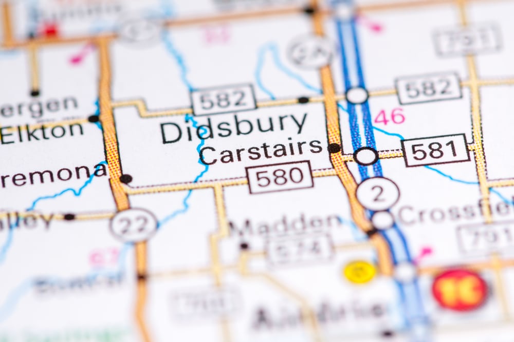 A close up of a map showing the location of Disbury, Illinois in compliance with Municipal Campground Policy.