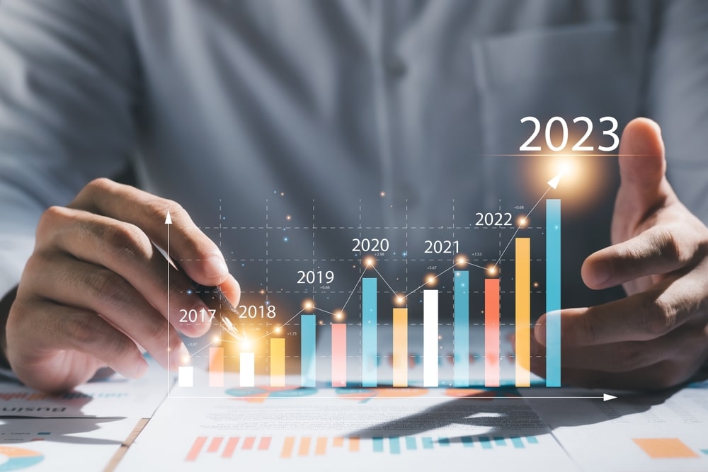 A man is pointing at a graph showcasing the 2020 financial performance of KOA Campground.