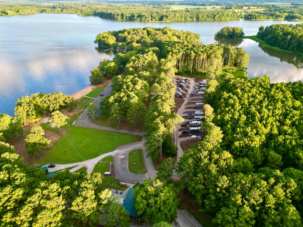 An aerial view of Wheeler Lake, surrounded by trees.