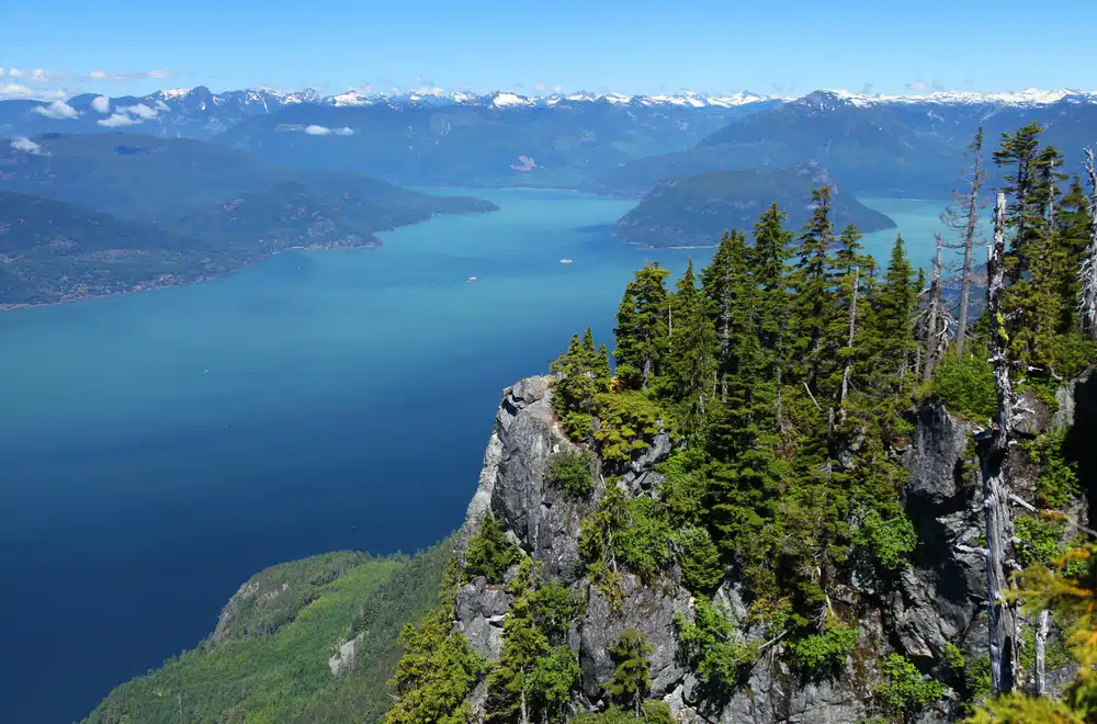 A natural landscape featuring a rocky cliff overlooking Bowen Island's picturesque body of water.