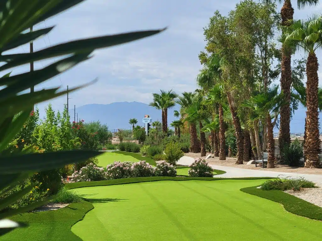 A Premier Luxury RV Resort in Coachella Valley featuring a golf course with palm trees and artificial grass.