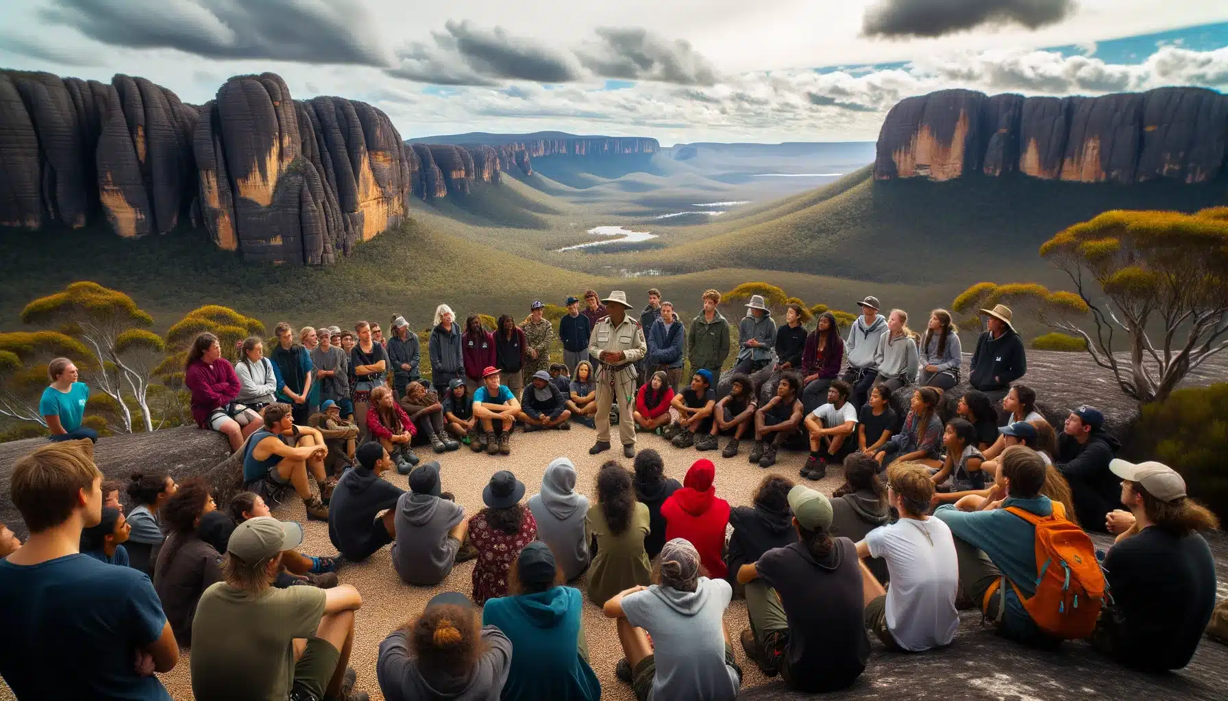 A group of people sitting in a circle on top of a mountain, amplifying Victoria's safeguard.