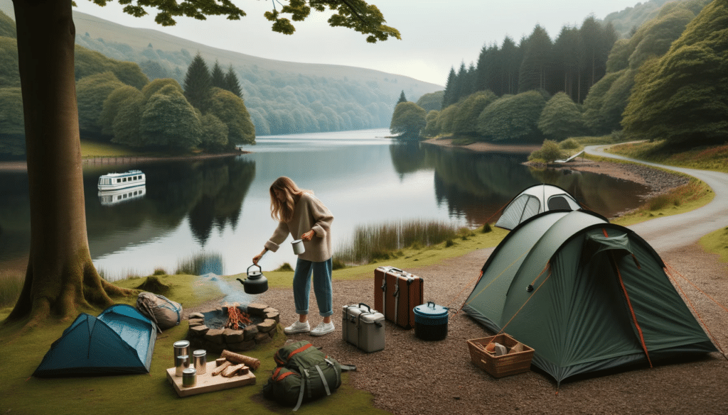 A beginner woman is setting up a tent near a lake for camping in the UK.