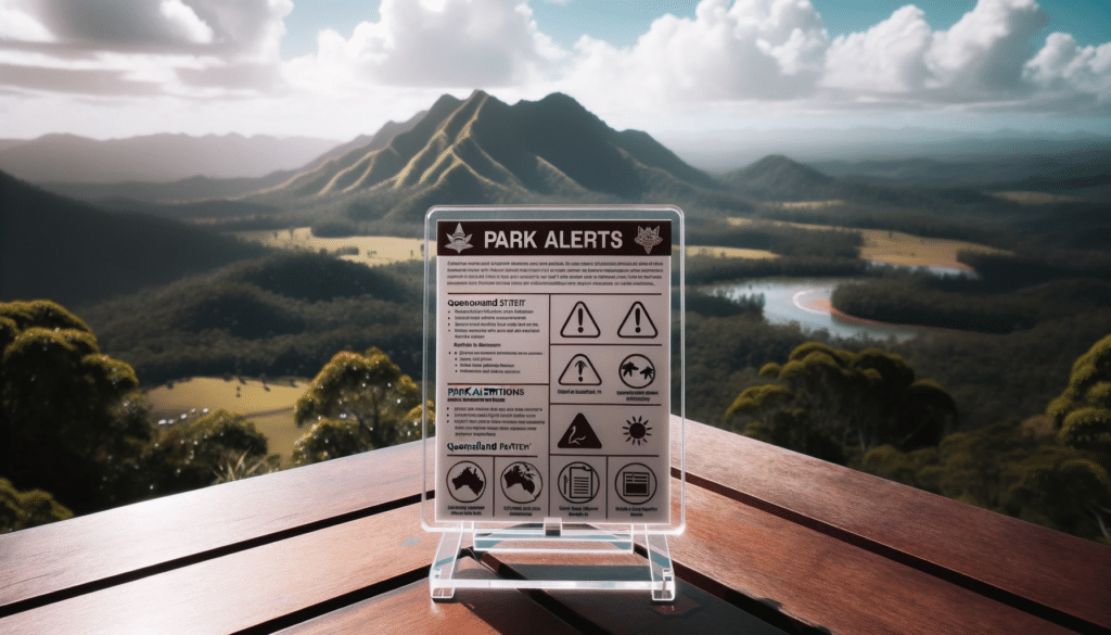 A sign on top of a table with mountains in the background, providing a comprehensive overview of Queensland's natural reserves.