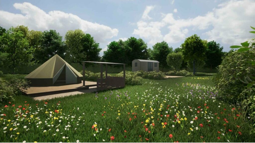 An eco-friendly glamping development in Derbyshire, showcasing a rendering of a tent nestled amidst a field of vibrant flowers.