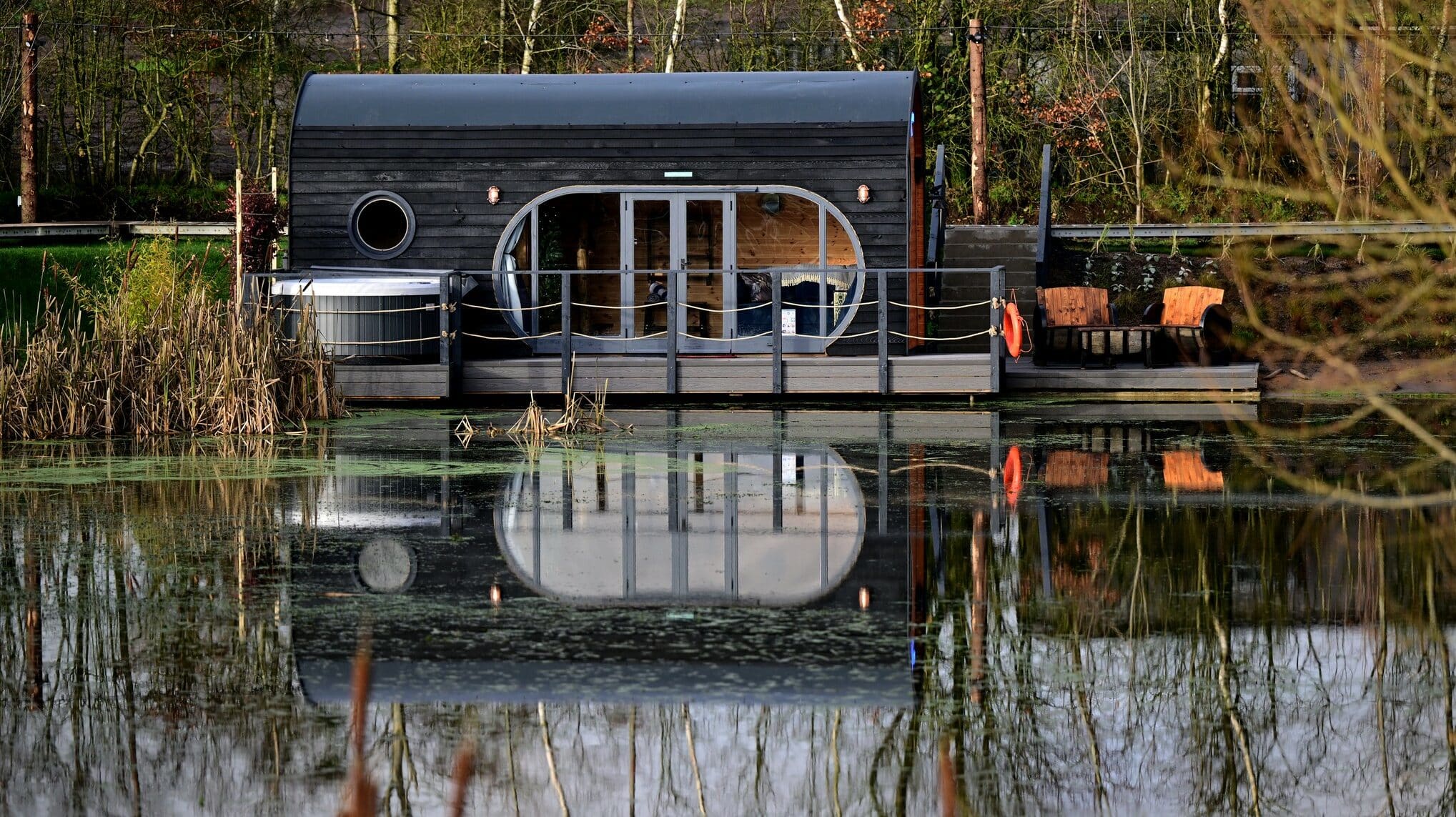 A luxury glamping experience in a small house on a pond with stunning views of Co Antrim.