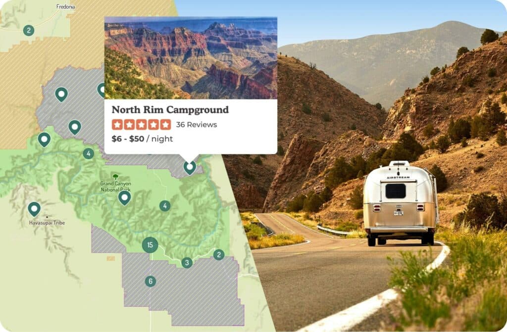 A U.S. road trip adventure in an RV, equipped with a map of the North Fork Campground for easy camping reservations.