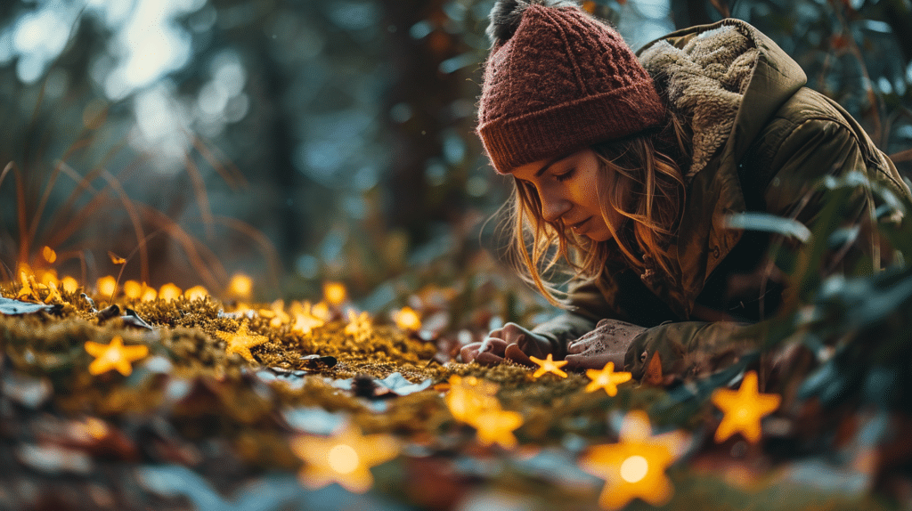 A woman is responding to engagement reviews while laying on the ground with stars in her hands.