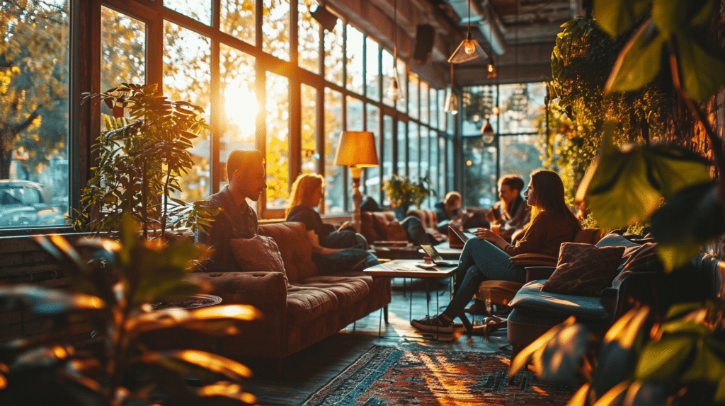 A group of people creating a culture of feedback while sitting in a coffee shop at sunset.