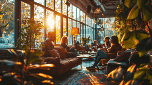 A group of people creating a culture of feedback while sitting in a coffee shop at sunset.