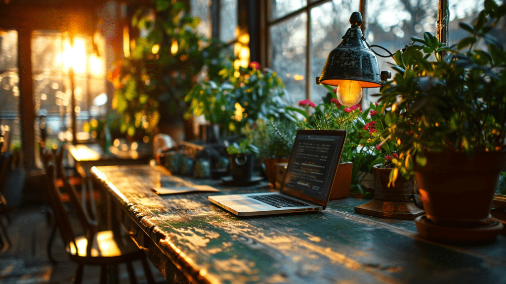 A laptop sitting on a wooden table in front of a window while utilizing proven strategies.