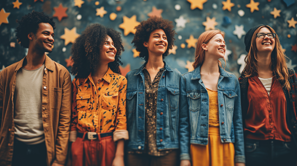 A group of young people empowering each other while standing in front of stars.
