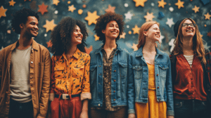 A group of young people empowering each other while standing in front of stars.