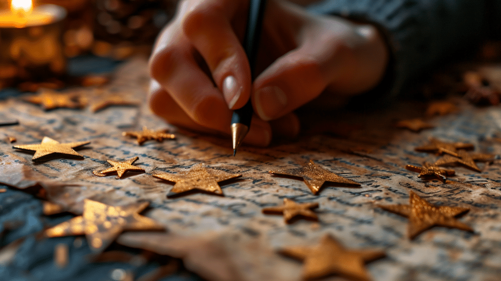 A person writing easy step-by-step reviews on a piece of paper with stars on it.