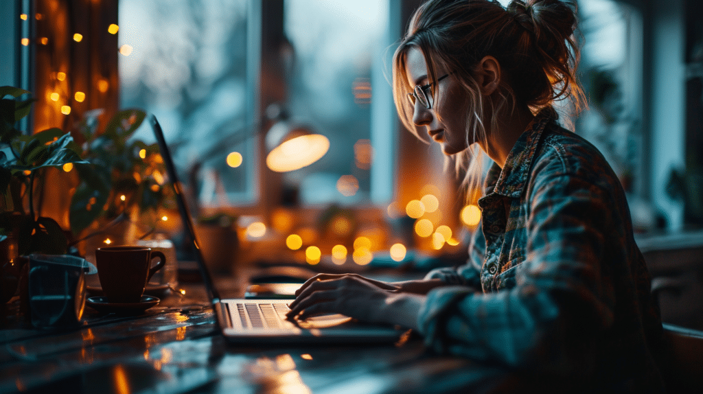 A woman reading and analyzing trends on her laptop in front of a cozy fireplace.