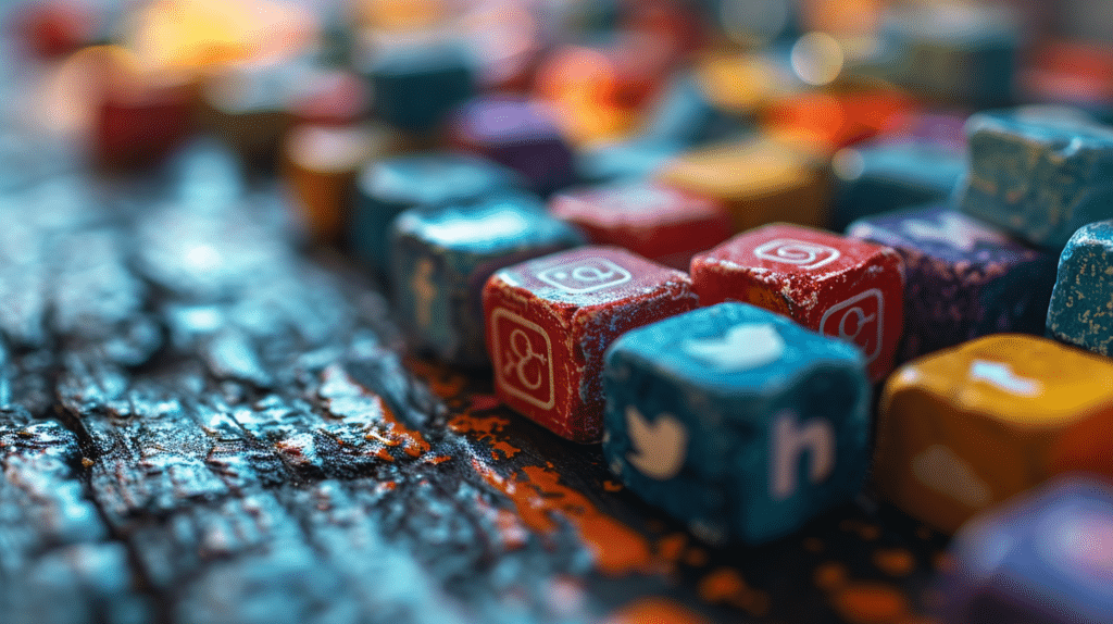 Stacked social media cubes showcasing digital platforms and promoting better reviews.