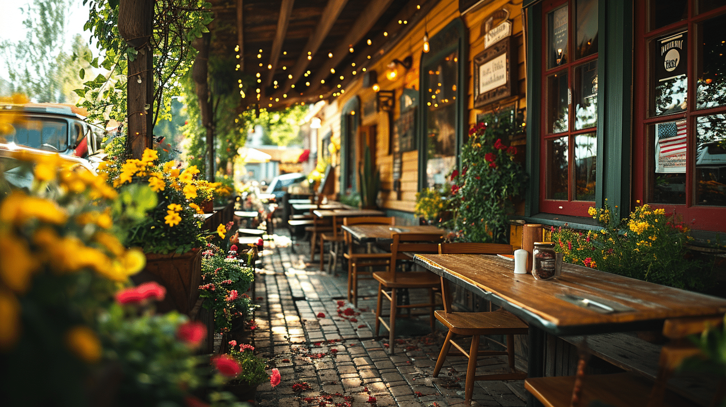 A sidewalk with tables and chairs in front of a restaurant offering outdoor hospitality.