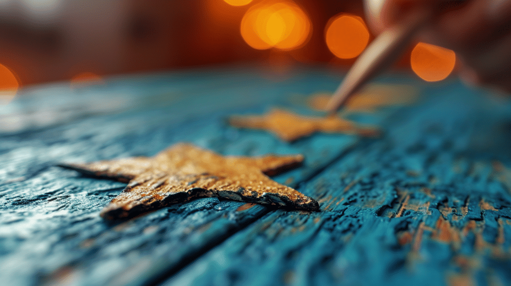 A person is painting a star on a wooden table as part of an incentive program to encourage guest reviews and feedback.