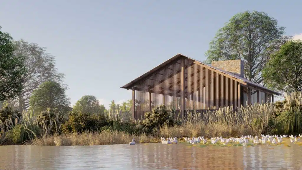 An artist's rendering of a cabin near a body of water on the Sixty6 Acres Farmstay.