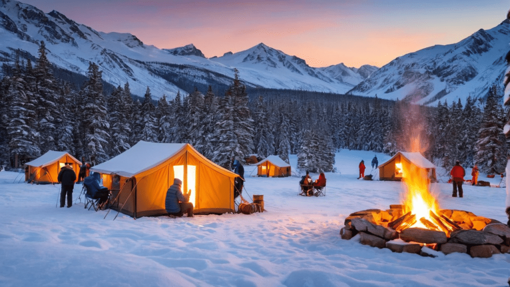 A group of people sitting around a campfire in the snow during a seasonal event.