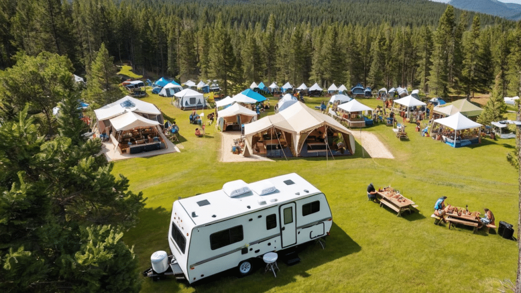 A group of tents and RVs parked in a grassy area, arranged in innovative layouts maximizing space.
