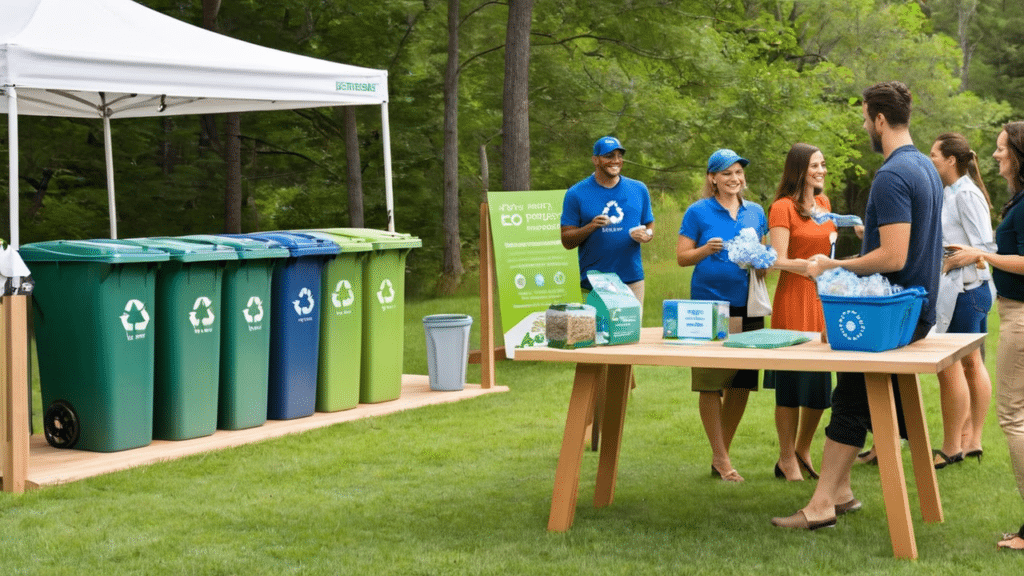A group of people standing around a table with recycling bins, organizing a Sustainable Event Planning workshop.