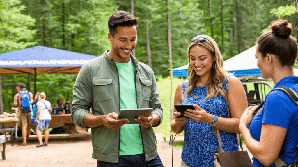 A group of people learning from events by looking at a tablet in a wooded area.