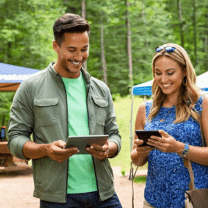A group of people learning from events by looking at a tablet in a wooded area.
