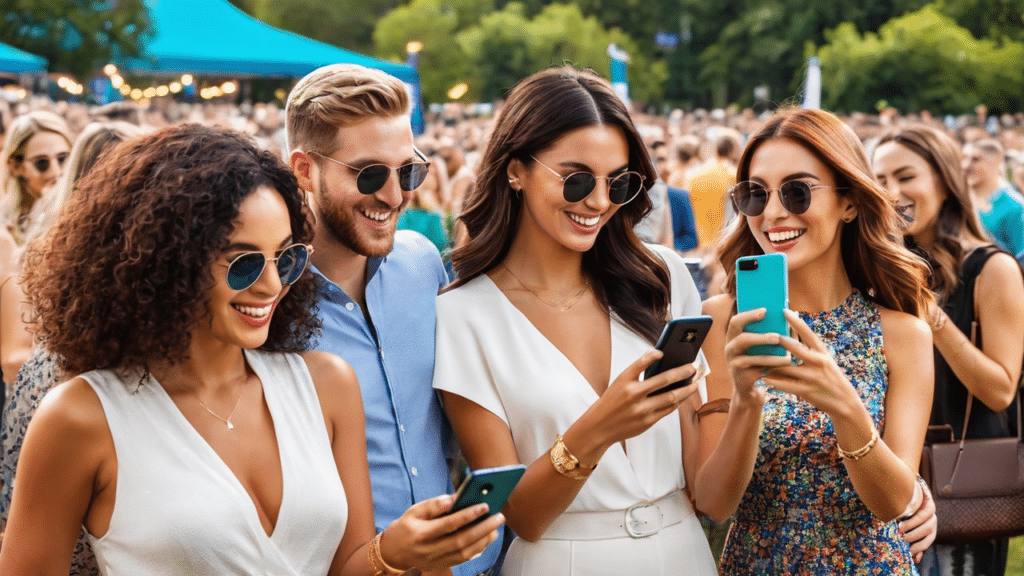 A group of people promoting outdoor events by looking at their phones at an outdoor event.