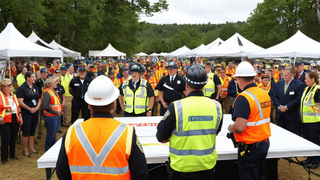 A group of construction workers standing around a table at an outdoor event.