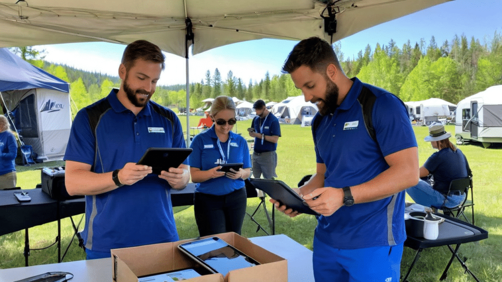 Two men in blue shirts looking at a tablet for event planning in front of a tent.