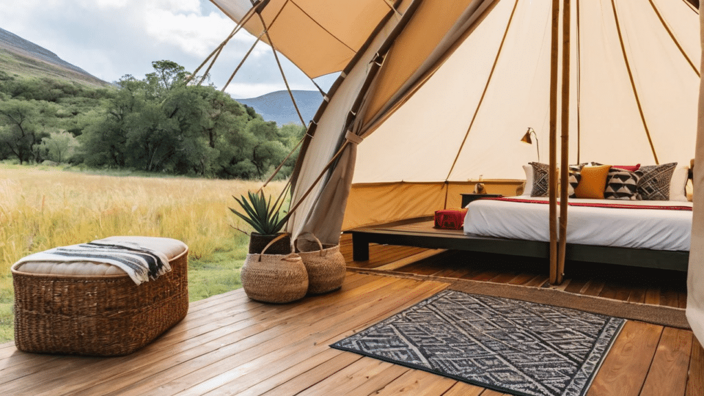 A bed in a tent with a view of the mountains, now part of our exclusive event packages.