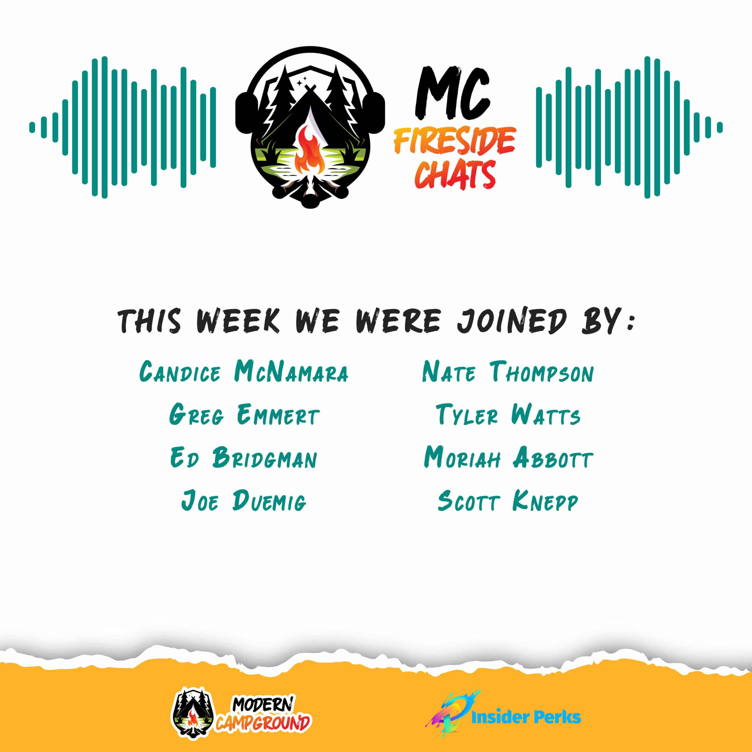 Podcast episode graphic for "MC Fireside Chats" featuring guest names for the March 20th, 2024 show against a backdrop with a campfire motif and sound wave graphics.