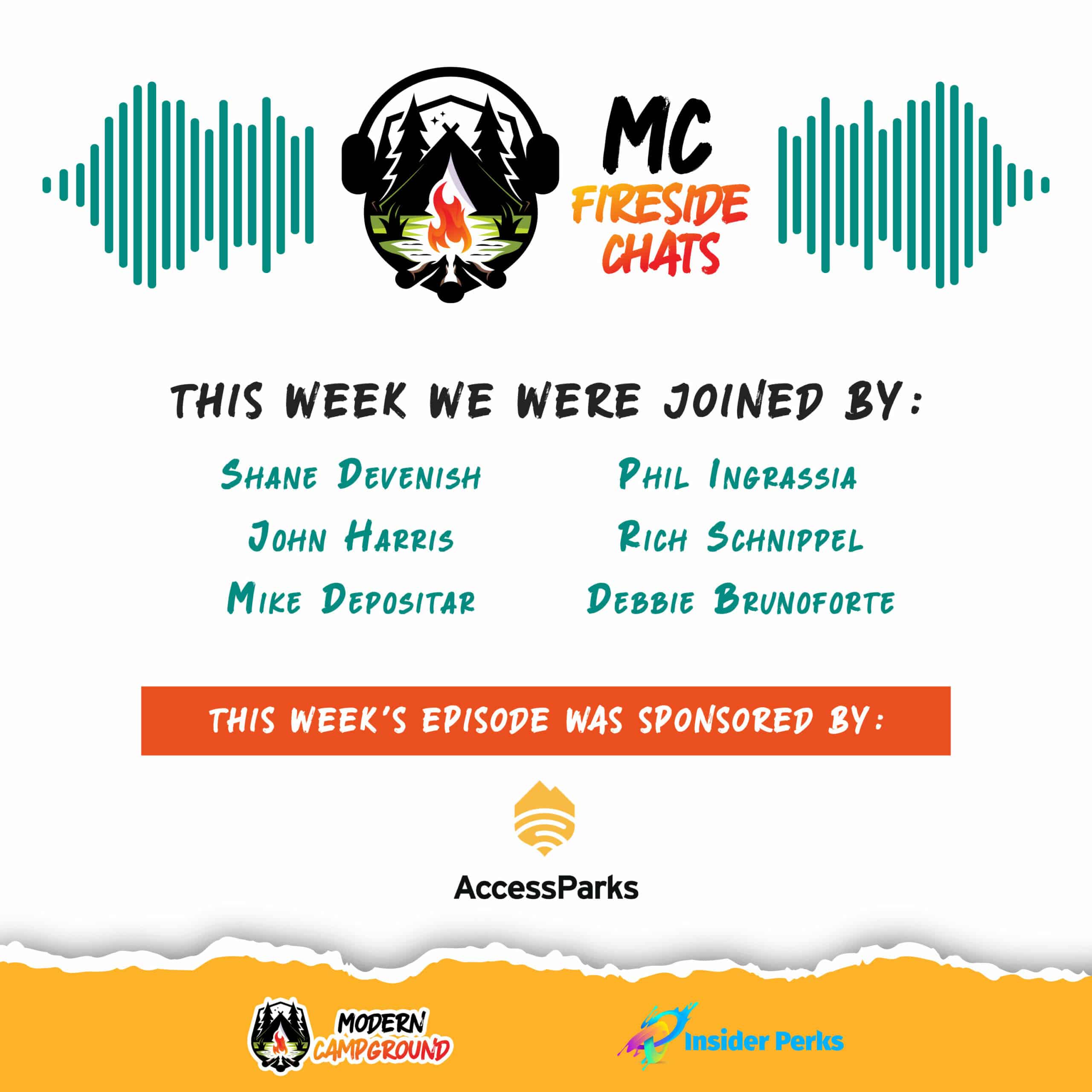 Promotional graphic for a 2024 MC Fireside Chats podcast episode featuring guests John Harris, Rich Schnippel, Phil Ingrassia, and Debbie Brunoforte, with a campfire