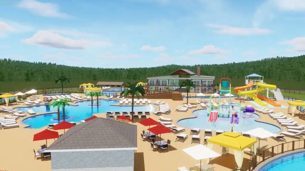 Coming Soon: Roundabout Oxford RV & Water Resort, a must-visit destination featuring an outdoor water park with slides and pools on a sunny day.