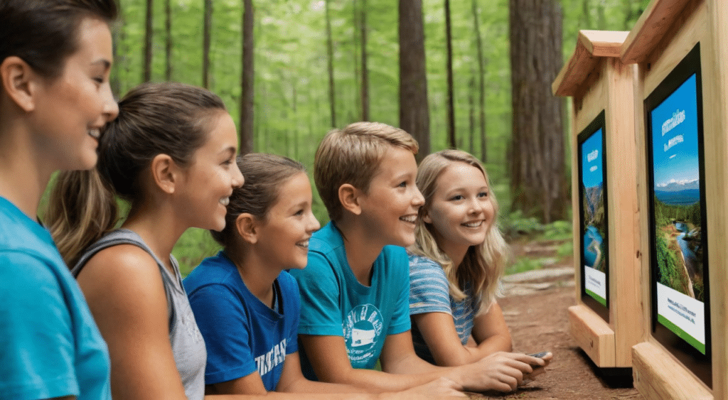 A group of kids sitting in a forest experiencing VR outdoor hospitality.