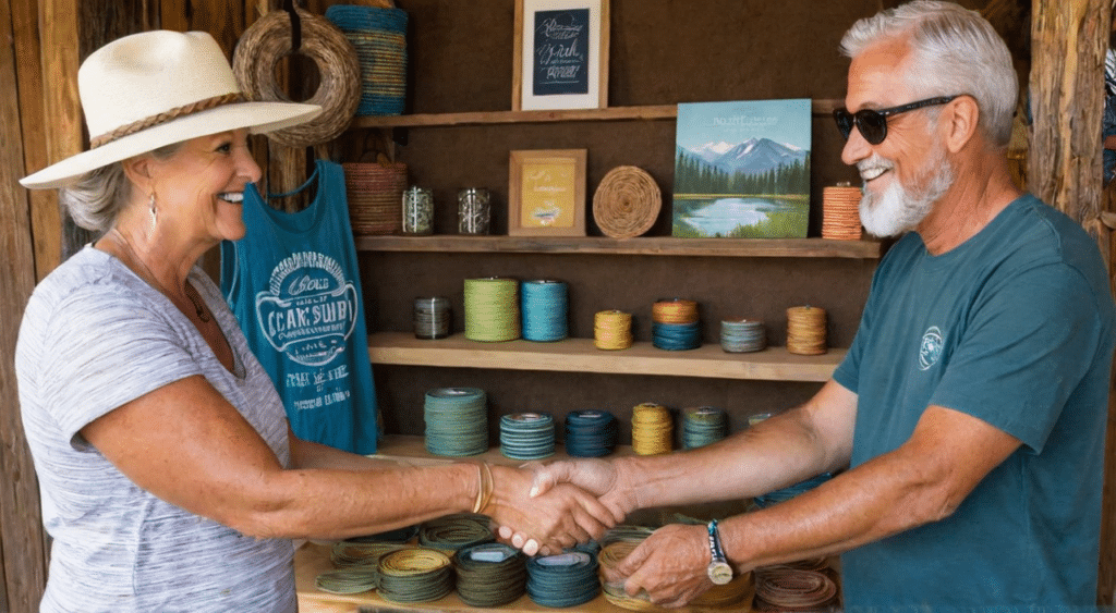 A man and woman shaking hands in front of a store at a local event.