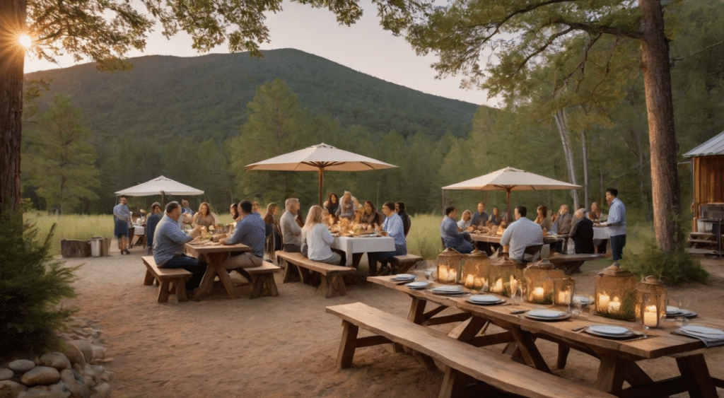 A group of people enjoying unique food and beverage experiences at tables in a wooded area.