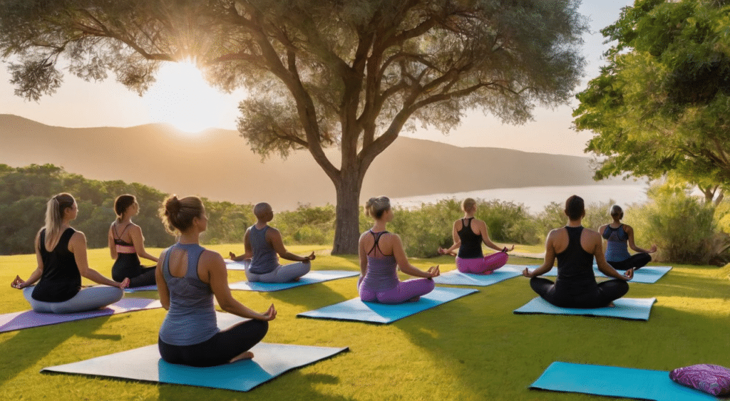 A group of people practicing wellness through yoga in the wilderness.