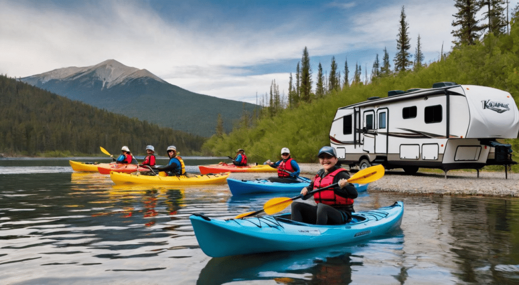 People kayaking in front of an RV, enjoying outdoor activities.