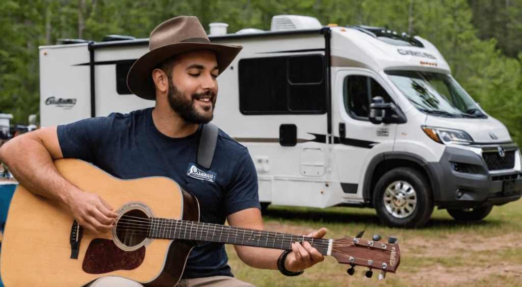 A man in a hat plays an acoustic guitar at a local event in front of an RV.