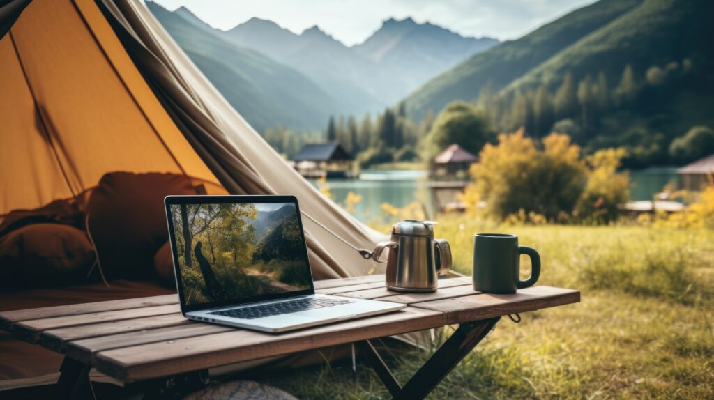 View from inside a tent showing a laptop with RMS North America open, coffee pot, and cup on a table, overlooking a serene lake surrounded by mountains.