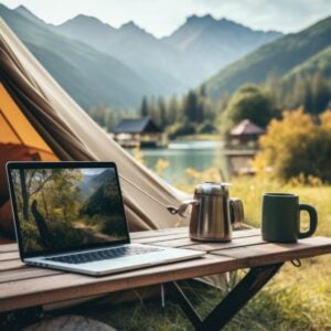 View from inside a tent showing a laptop with RMS North America open, coffee pot, and cup on a table, overlooking a serene lake surrounded by mountains.