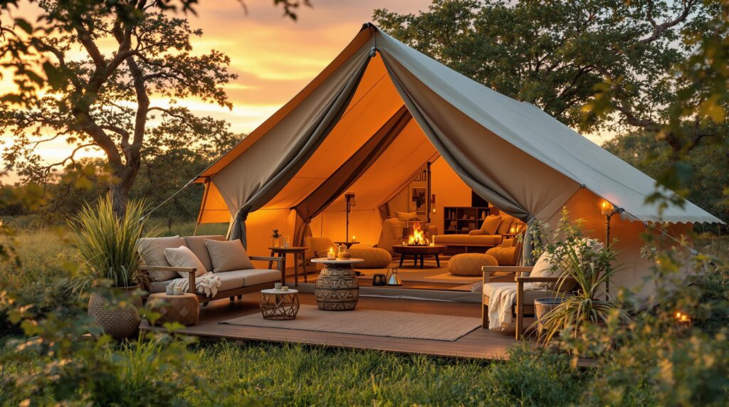 Luxury glamping tent at sunset in safari setting, featuring plush seating and ambient lighting, surrounded by greenery.