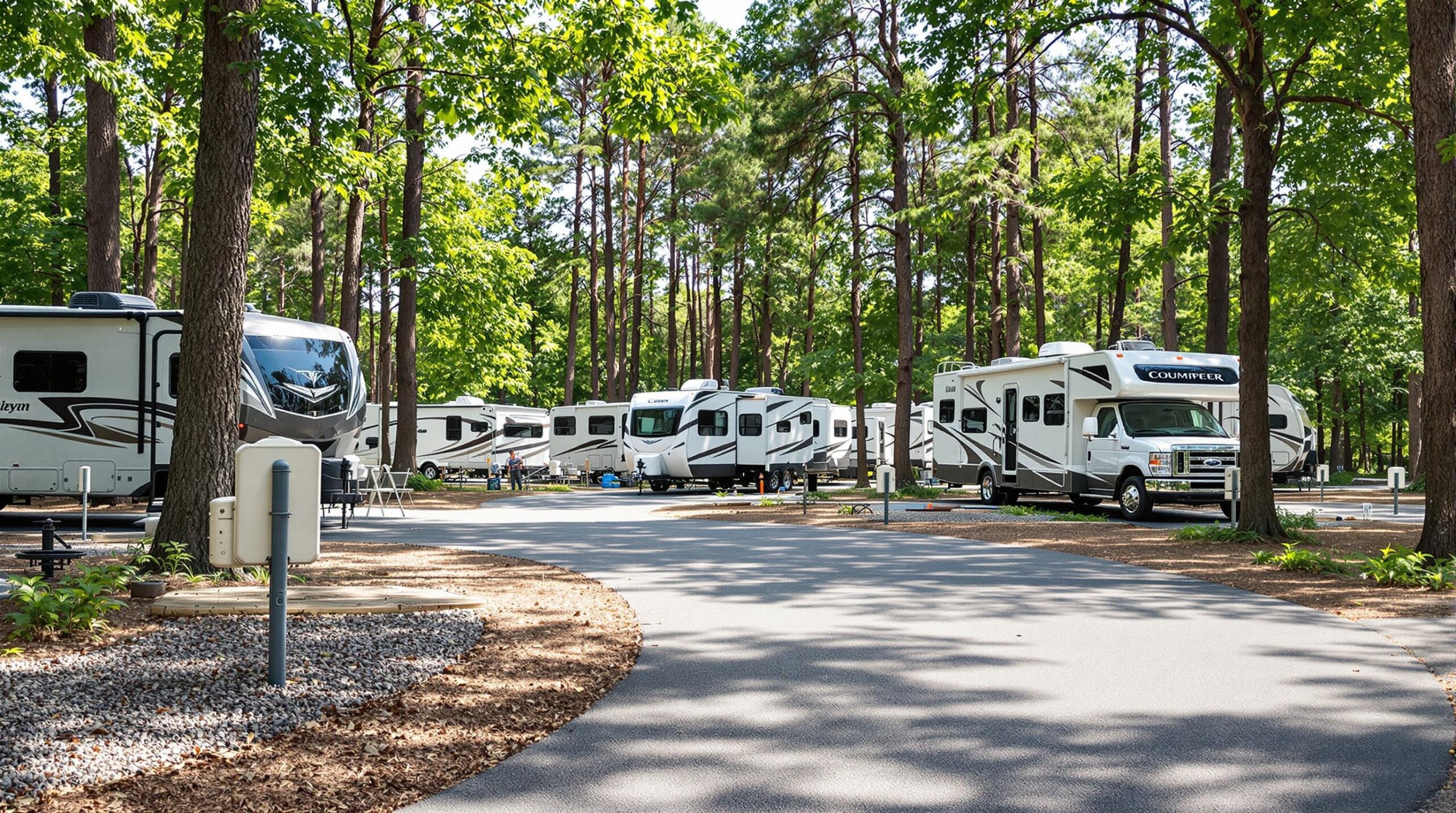 A modern campground with multiple RVs parked, featuring new electrical and water pedestals, surrounded by trees with bright daylight and no identifiable landmarks.