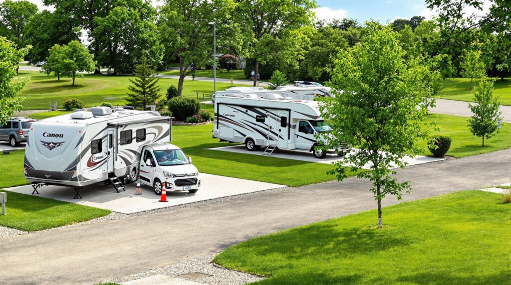 Wide-angle view of a generic RV campground with two modern recreational vehicles parked on concrete sites, surrounded by green grass and scattered trees.